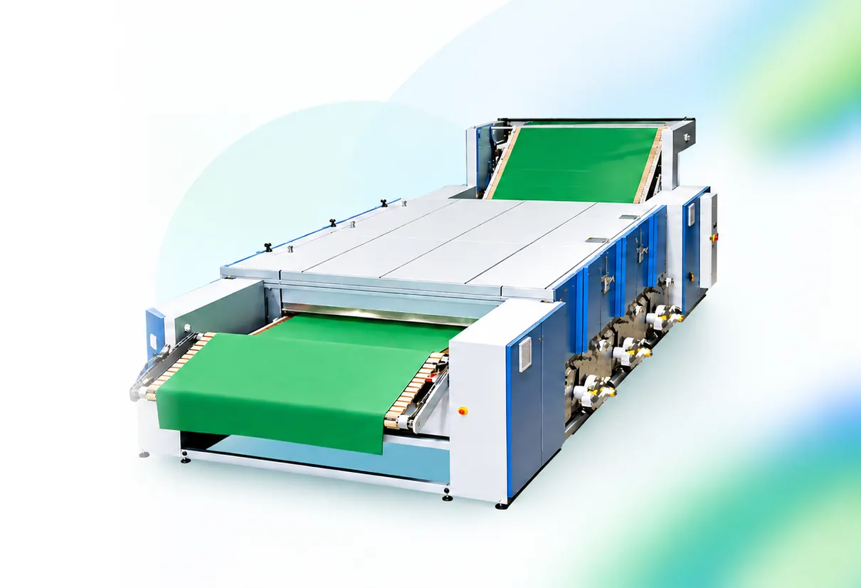 Krantz fabric drying and relaxing machine with a green conveyor belt