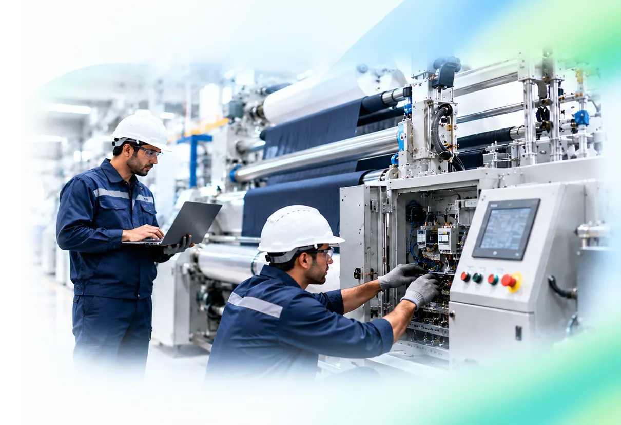 Two engineers in hard hats servicing a textile machine control panel