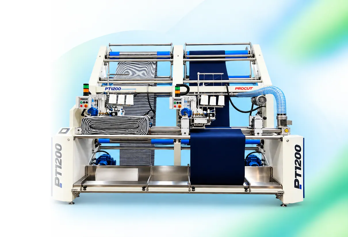 PUGI PT1200 fabric preparation machine processing striped and navy fabric