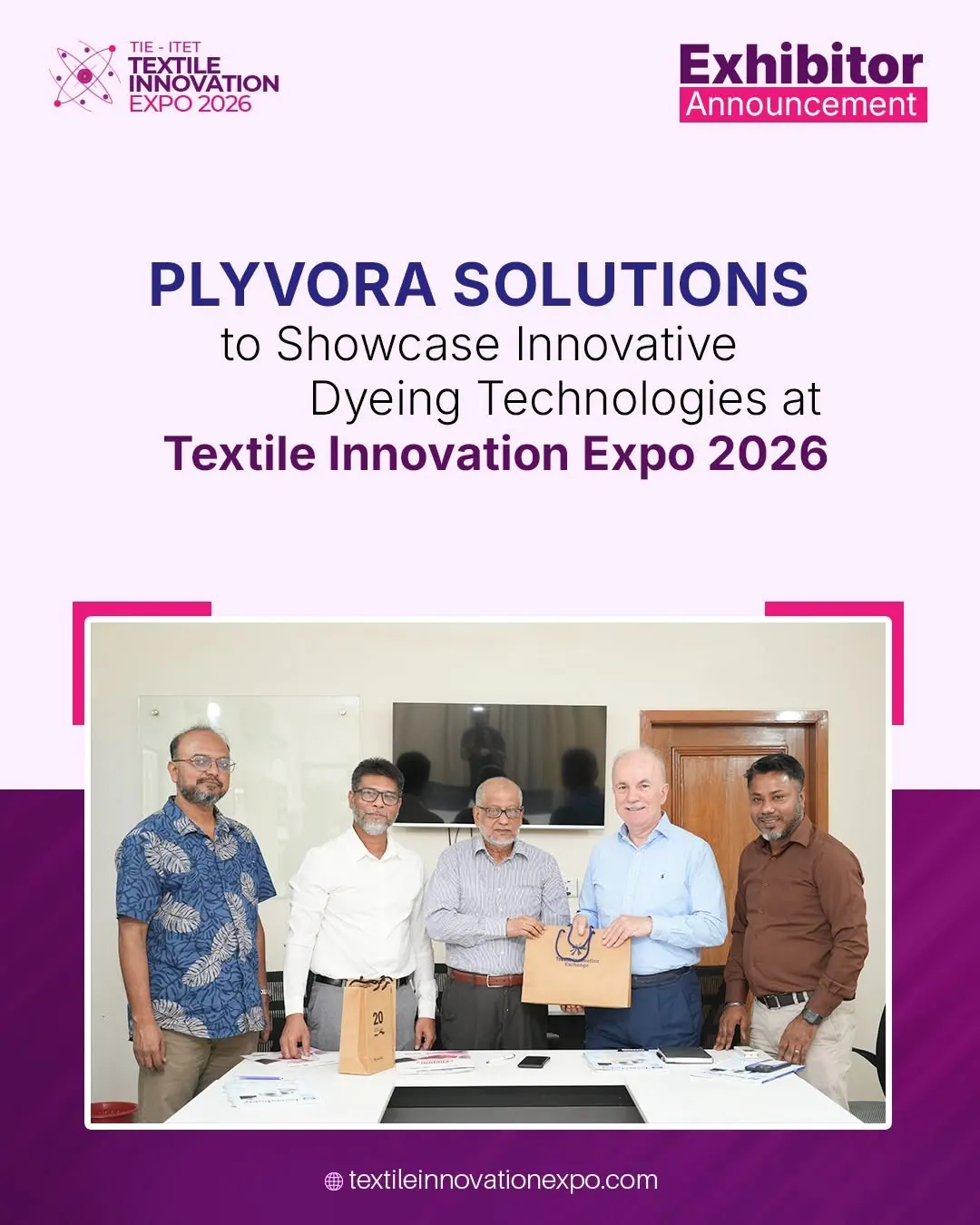 Exhibitor announcement for Textile Innovation Expo 2026 showing the Plyvora Solutions team
