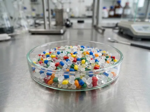 Dish of multicoloured specialty resin and masterbatch pellets