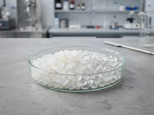Glass dish filled with translucent polyethylene pellets