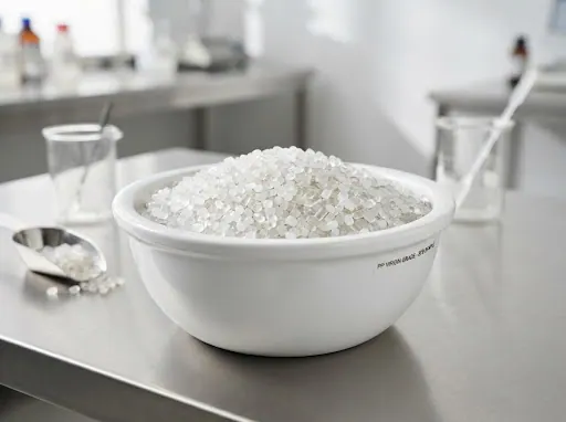 Bowl of white polypropylene granules on a laboratory bench