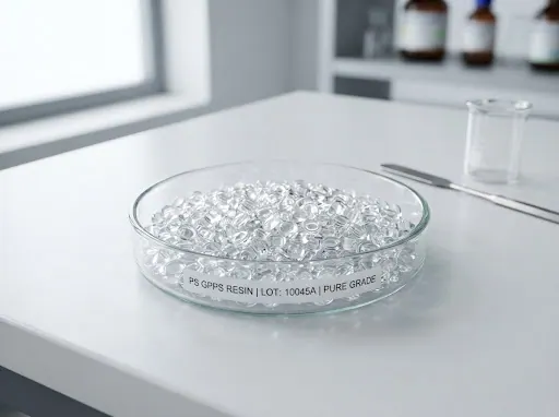 Clear GPPS polystyrene resin in a labelled glass dish