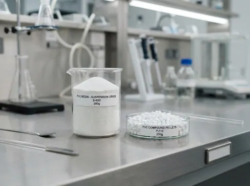 PVC suspension resin powder and PVC compound pellets in lab glassware
