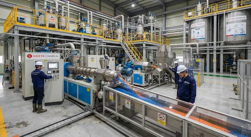 Engineers operating a compounding line in a polymer plant