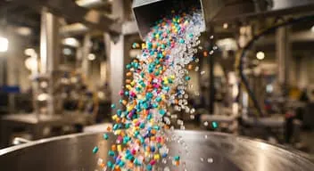 Coloured polymer pellets pouring into a hopper