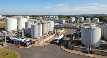 Storage tanks and tanker trucks at a chemical terminal