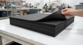 Stack of black EVA foam sheets in a workshop