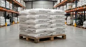 Pallet of woven polypropylene sacks in a warehouse