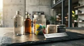 Rigid plastic jars and bottles on a slate tray