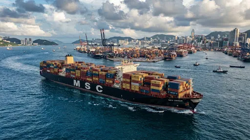 Fully loaded container ship leaving a busy harbour