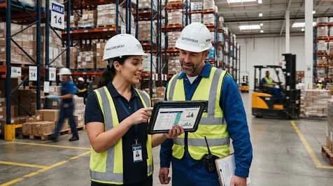 Warehouse team checking inventory on a tablet