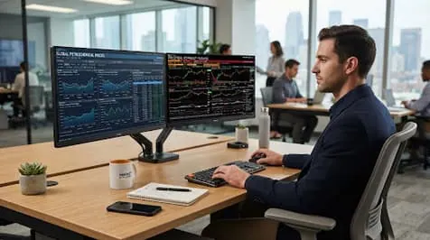 Analyst following petrochemical price charts on two screens