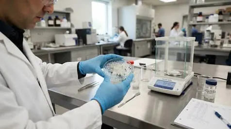 Lab technician inspecting a polymer sample