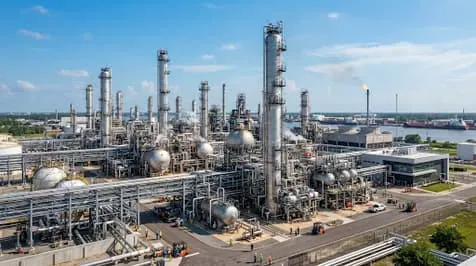 Petrochemical refinery towers by the water
