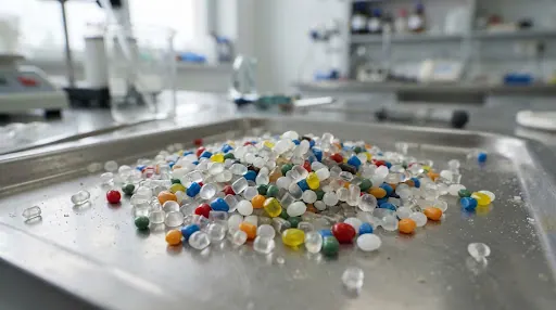 Mixed polymer resin pellets on a steel laboratory tray