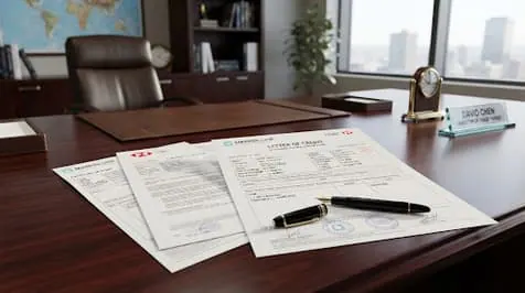 Letter of credit and trade documents on an office desk