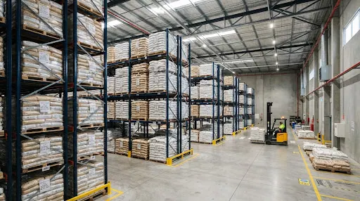High-bay warehouse stacked with sacks of raw material