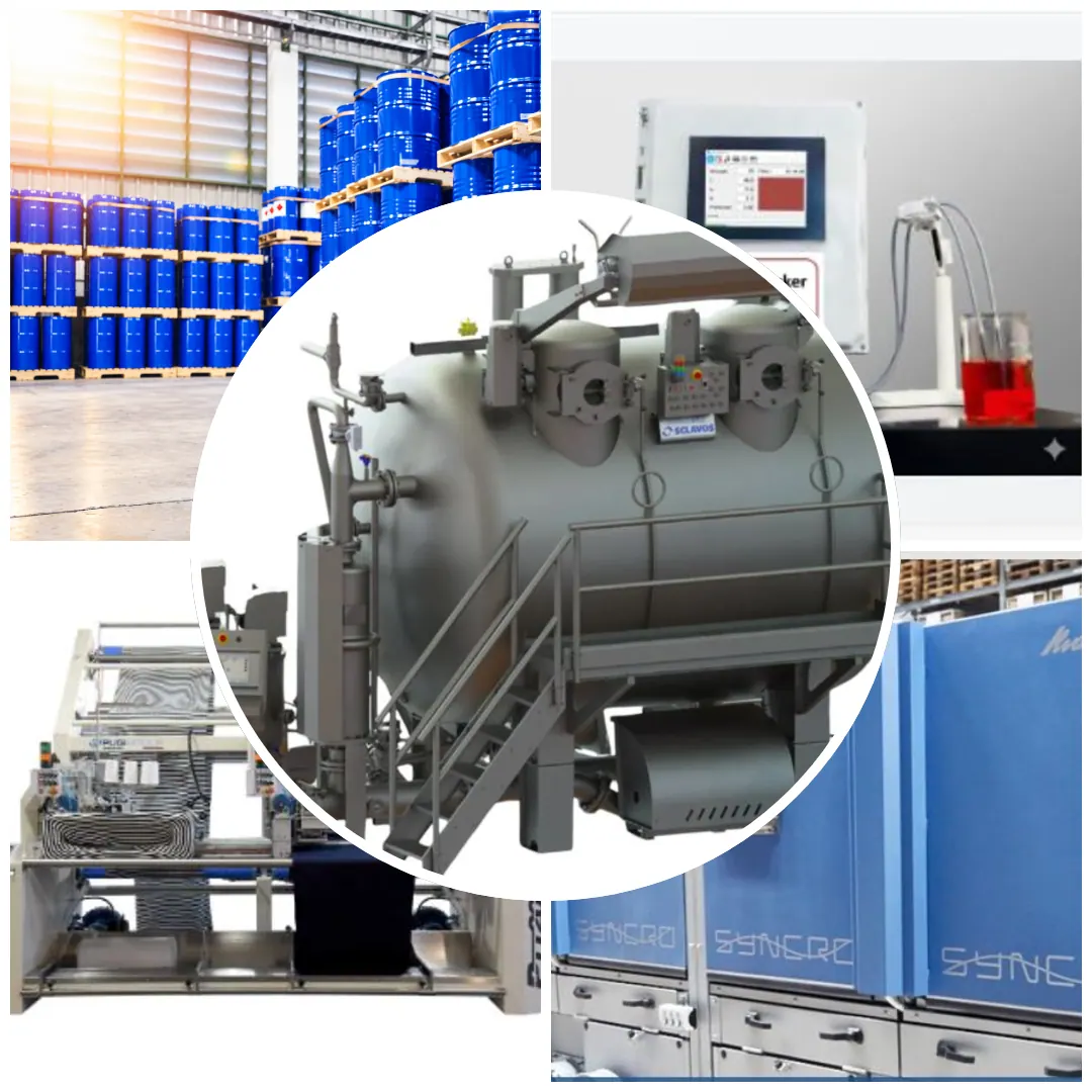 Collage of industrial equipment: a textile processing vessel in front of chemical drums, a laboratory and a fabric machine
